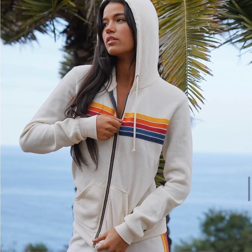 🌈 Aviator Nation Cream Rainbow Striped Hoodie - Picture 6 of 7
